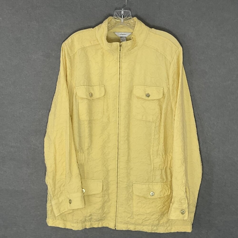 CJ Banks Jacket Women Plus Sz 1X Yellow Swirls Textured Flap Pockets Zip Up